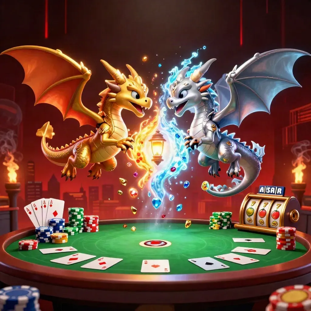 Gold and silver dragons spiral in a fire-and-ice yin-yang with casino chips, cards, and glowing emerald effects.