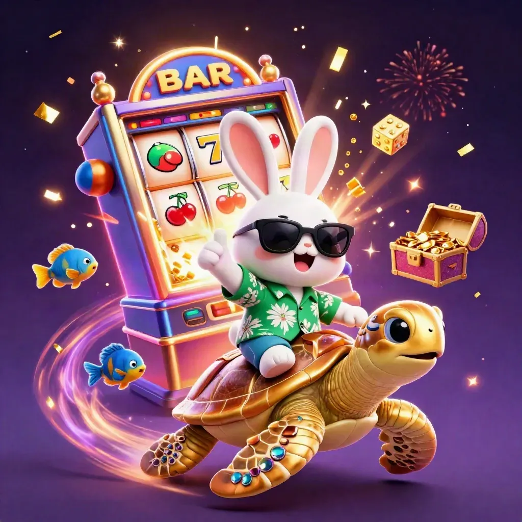 Lucky rabbit rides a gem-shell sea turtle as casino symbols burst in neon light.