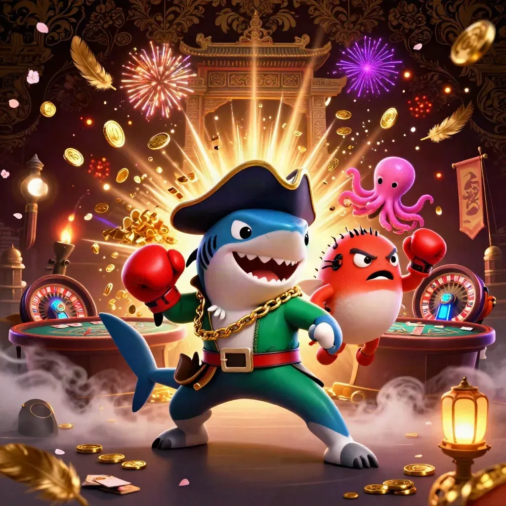 Pirate shark, boxing pufferfish, and juggling octopus amid coins, fireworks, and casino symbols.