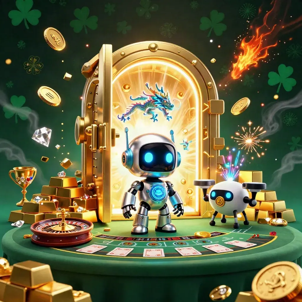 Robot, dragon, and coin drone burst from a vault with gold, gems, and fireworks.