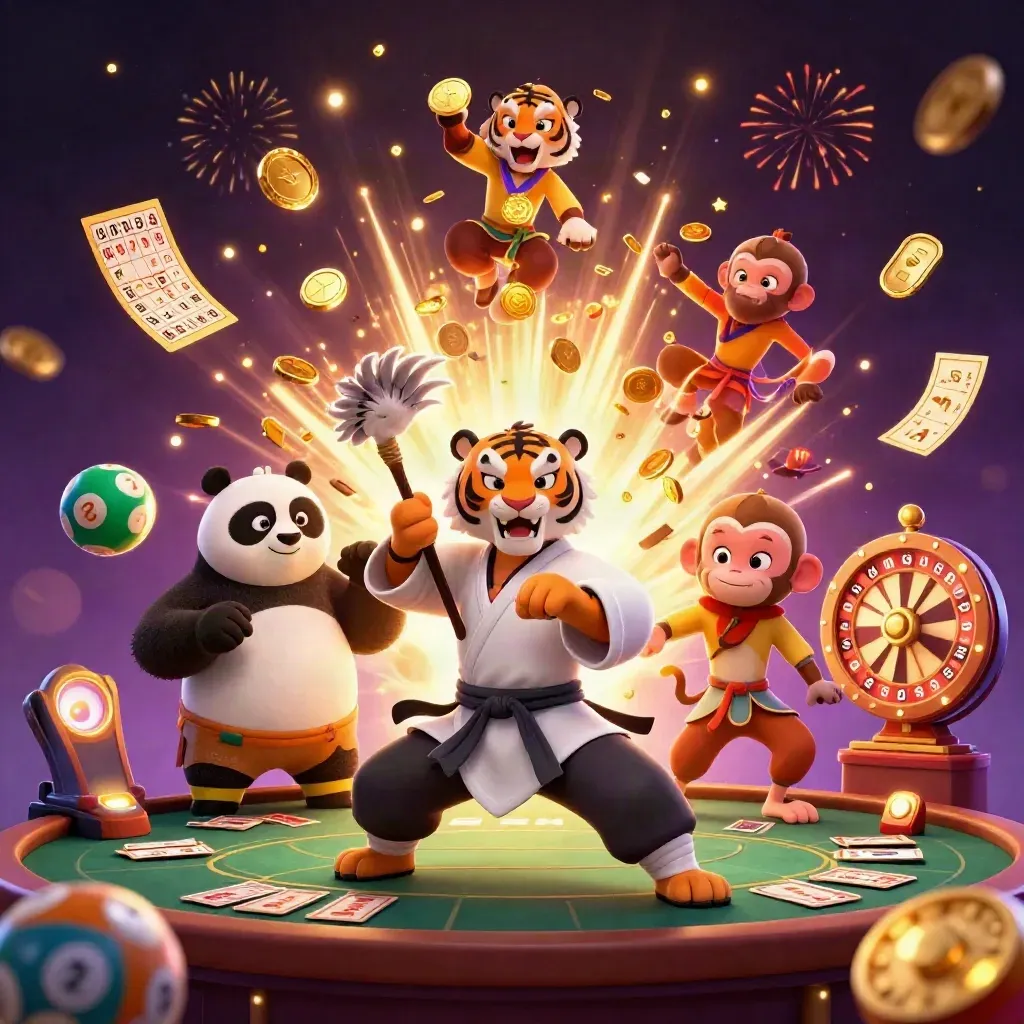 Tiger, panda, and monkey amid casino prizes, coins, fireworks, and glowing game elements.