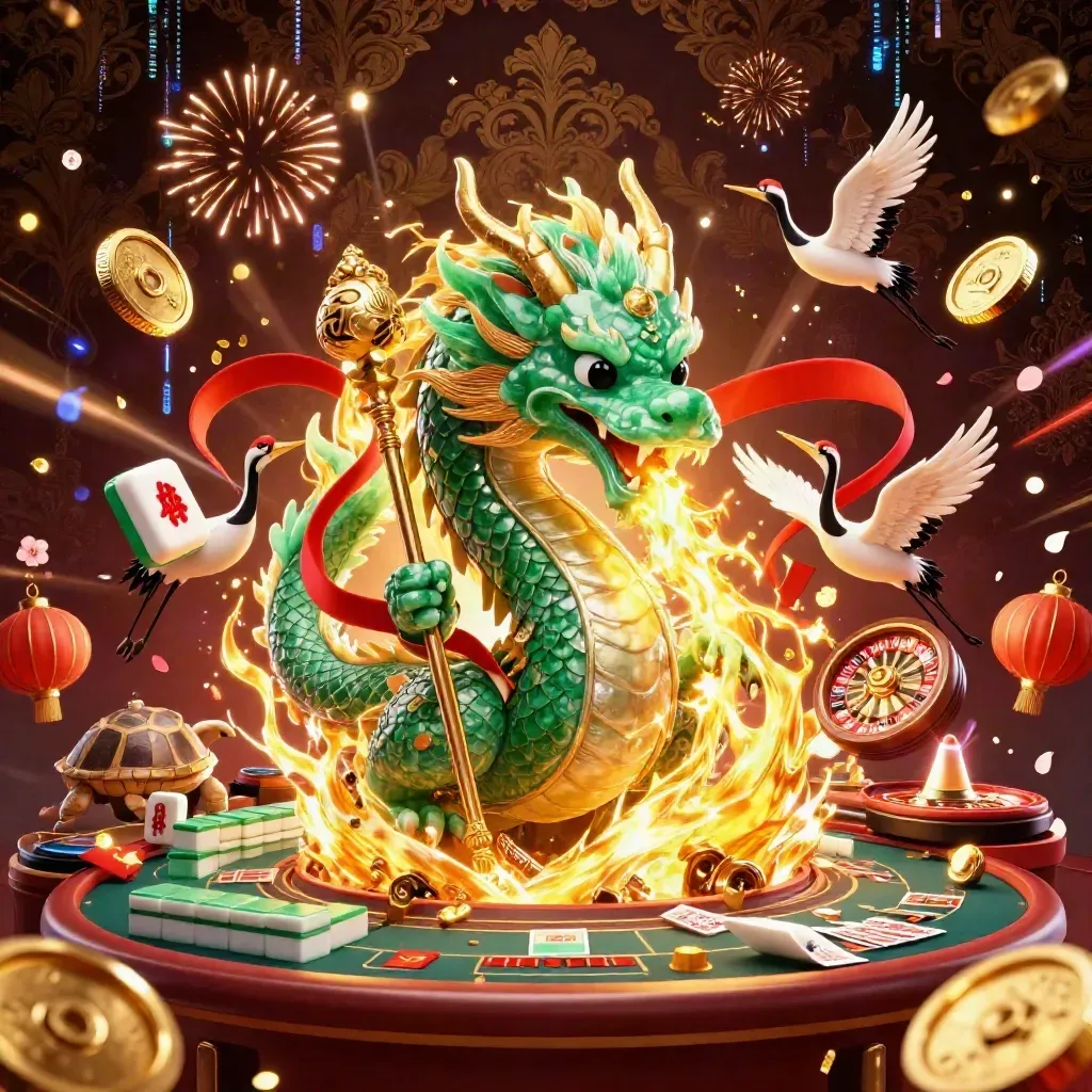 Emerald dragon, sage turtle and cranes amid coins, fireworks and casino game symbols.
