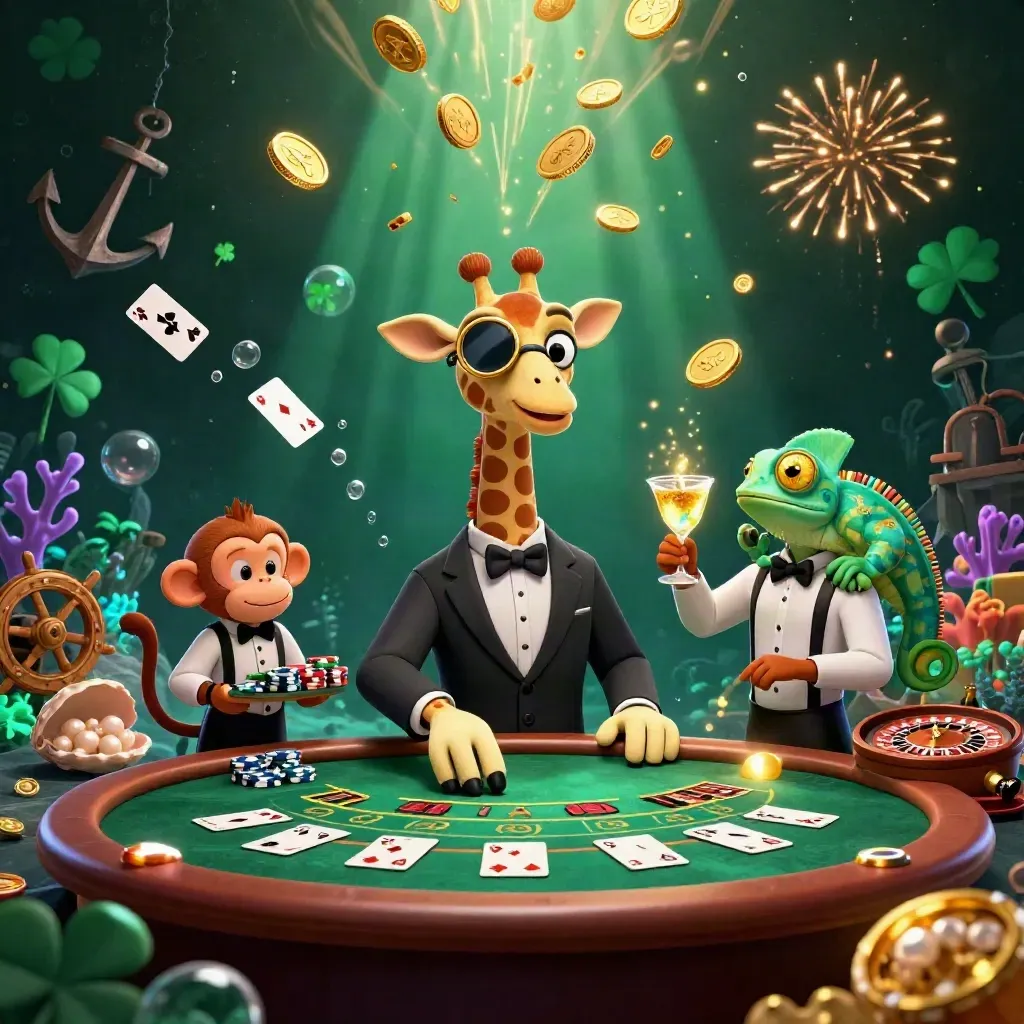 Giraffe, monkey, and chameleon celebrate in an underwater casino treasure cove with coins and fireworks.