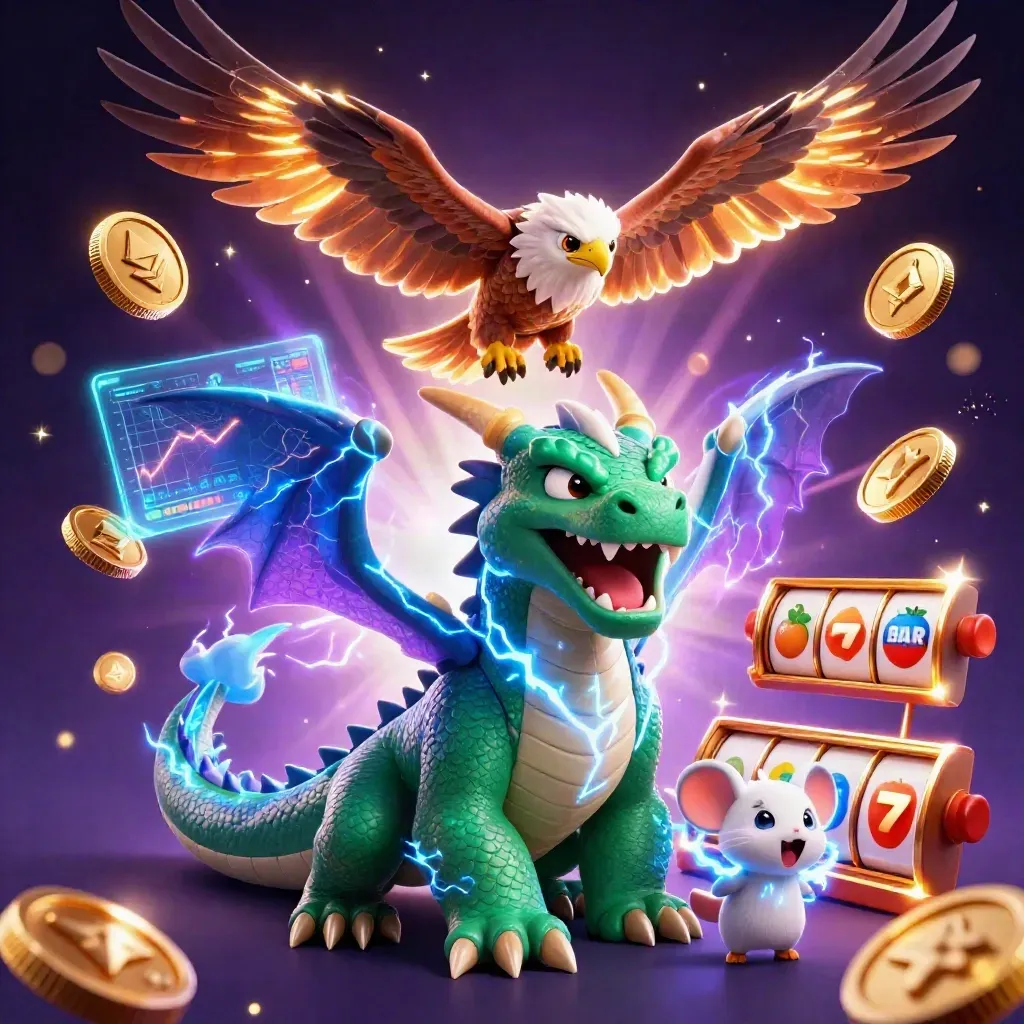 Thunder dragon, wind hawk, and static mouse amid casino reels, coins, and electric neon energy.