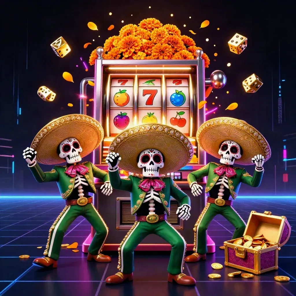 Skeleton mariachi trio with exploding slot machine, gold coins, dice, and neon casino glow