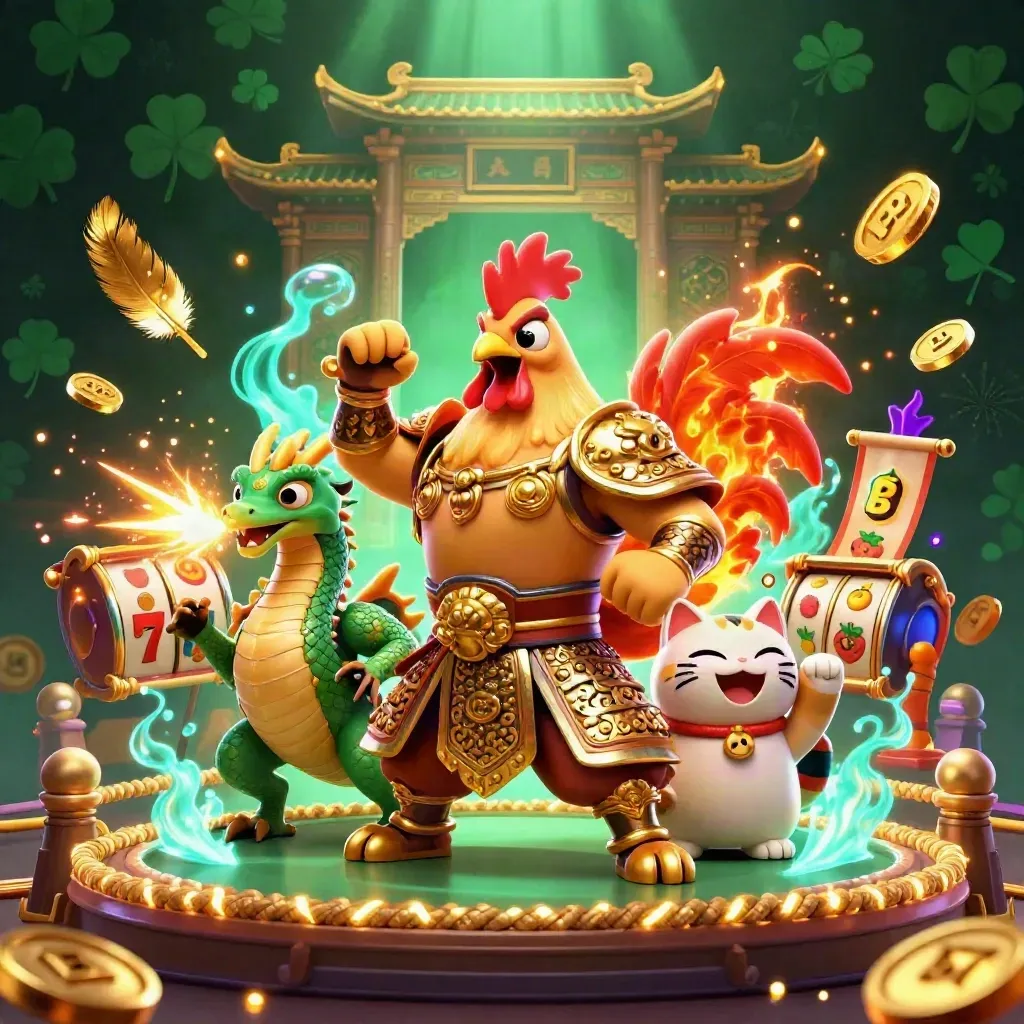 Rooster samurai, spark-breathing dragon hatchling, and cheering fortune-cat in a casino ring