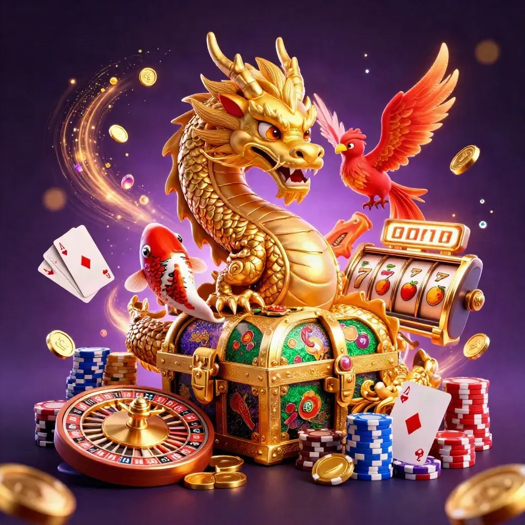 Golden dragon, phoenix, koi, chips, roulette wheel and coins burst in a luxe casino scene.