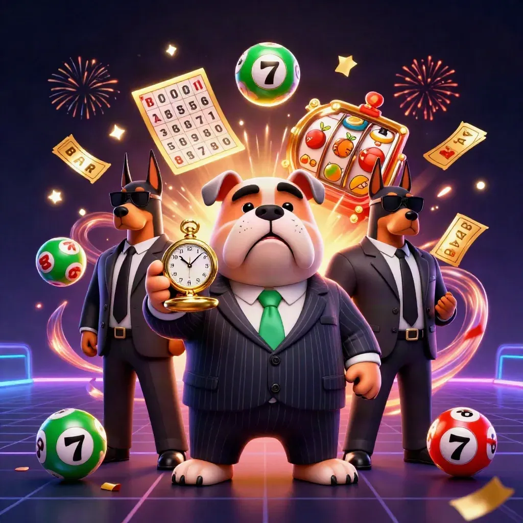 Mafia bulldog and two Doberman guards burst amid casino reels, balls, and gold confetti.