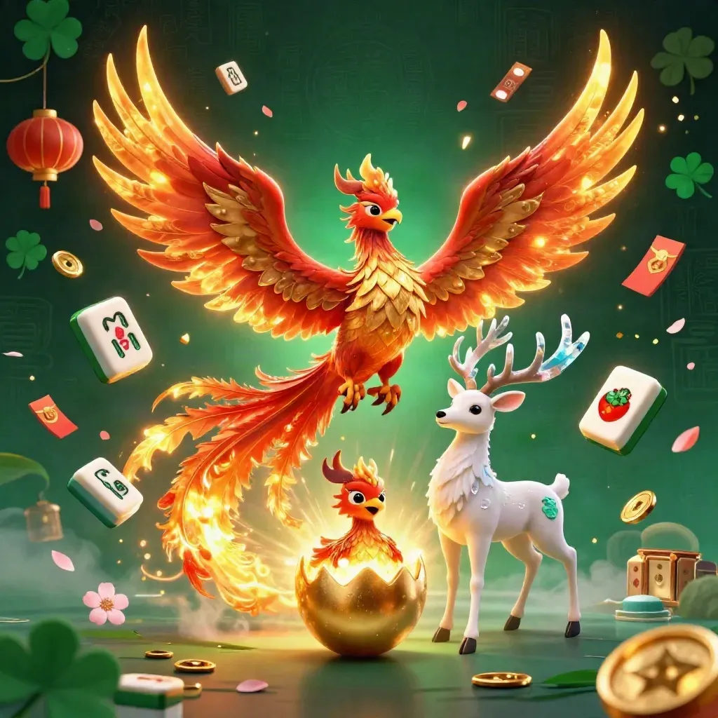 Phoenix, baby phoenix, and crystal stag amid casino tiles and glowing emerald-gold effects.