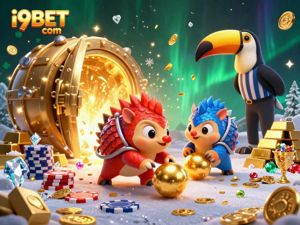Engage with i9BET com as pangolins roll through golden chips in a vibrant casino scene.