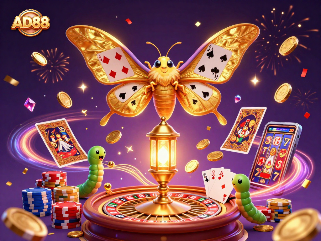 Experience dynamic gameplay at AD88 with 3D cartoon characters amidst sparkling casino elements.