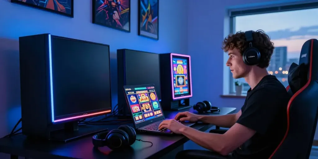 A80 homepage - Engaged user in modern digital gaming setup, vibrant visuals.