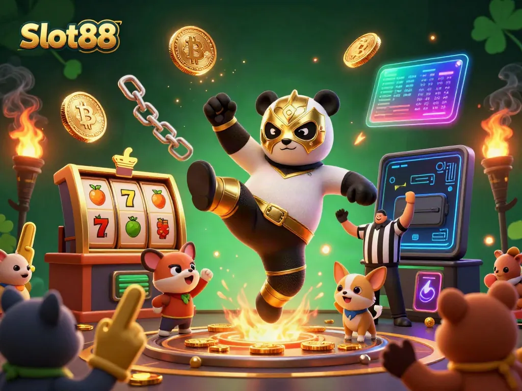 Experience the excitement of Slot88 with panda wrestler and animal crowd amidst vibrant casino elements.