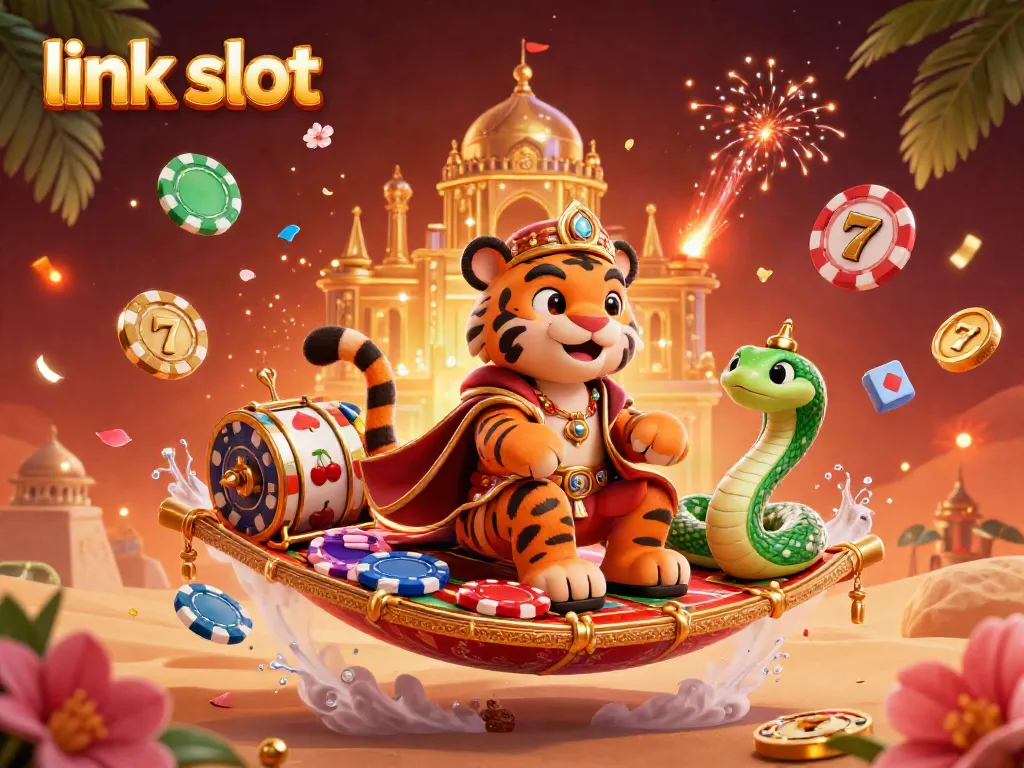 Engage with exciting action in this "link slot" themed illustration showcasing vibrant casino elements and characters.