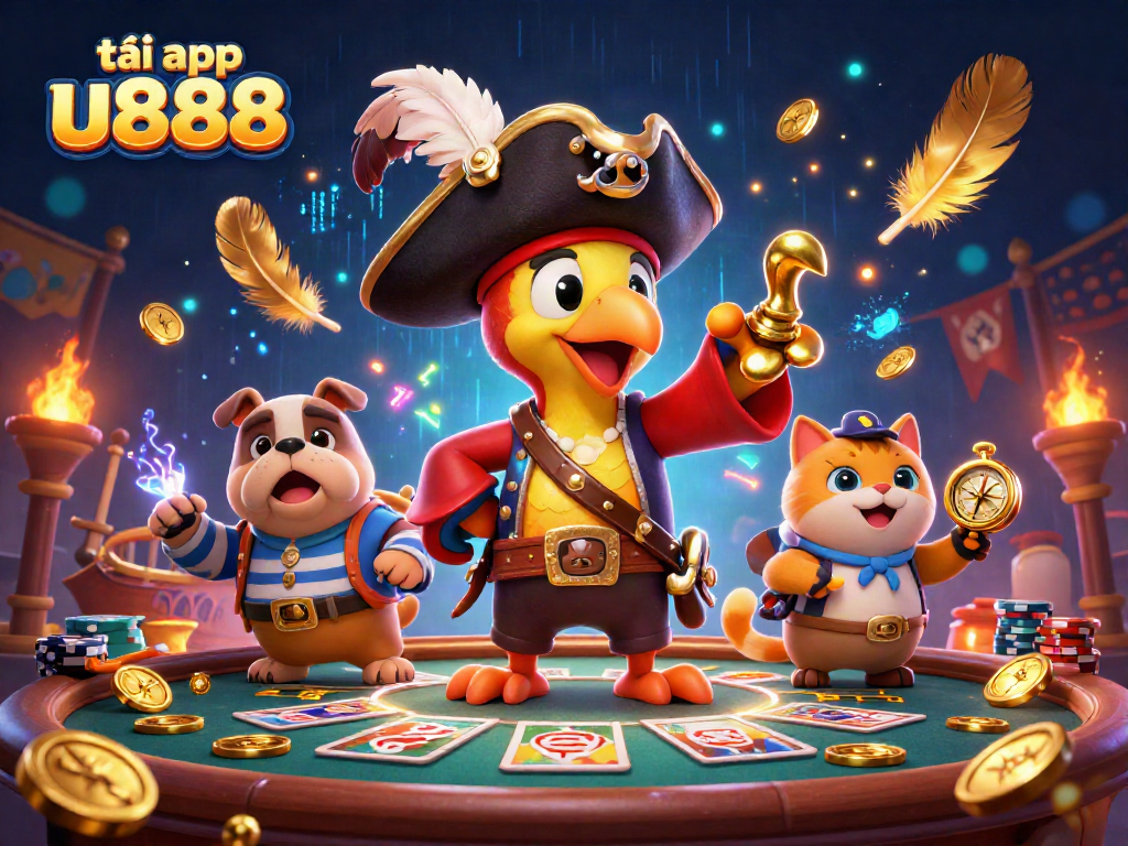 Experience the excitement with tải app u888, featuring a pirate captain and friends in a lively casino scene.