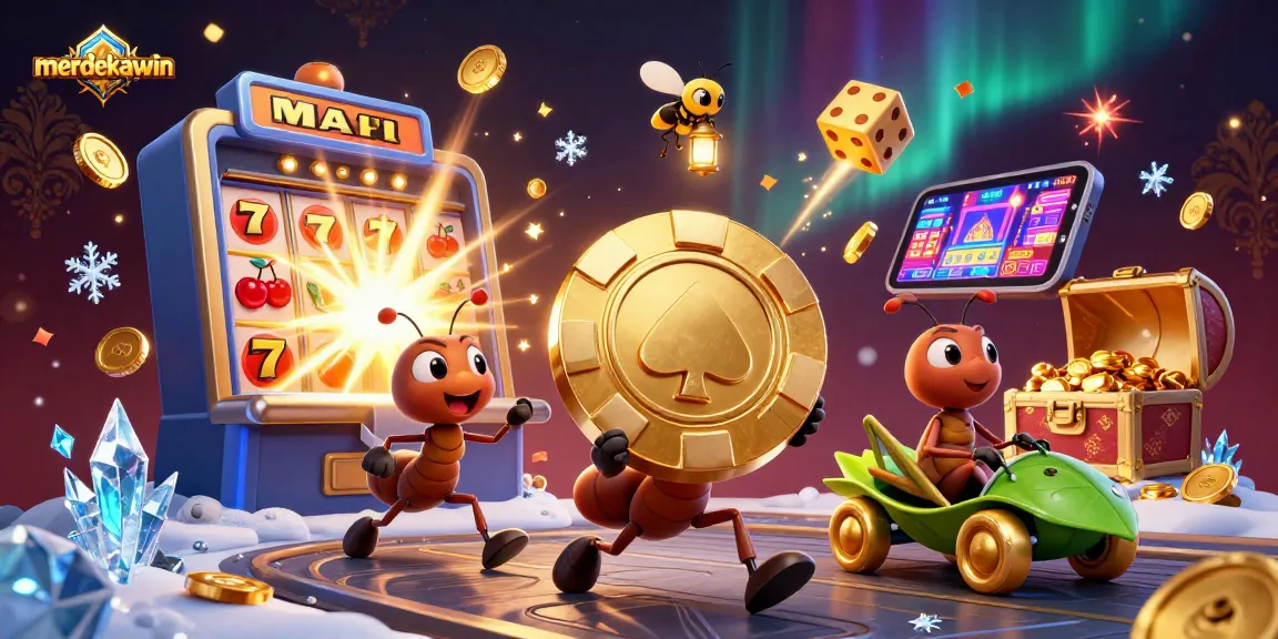 Merdakawin menghadirkan ilustrasi tim semut mencuri chip poker emas di kasino, menggambarkan aksi dinamis dan keseruan.
