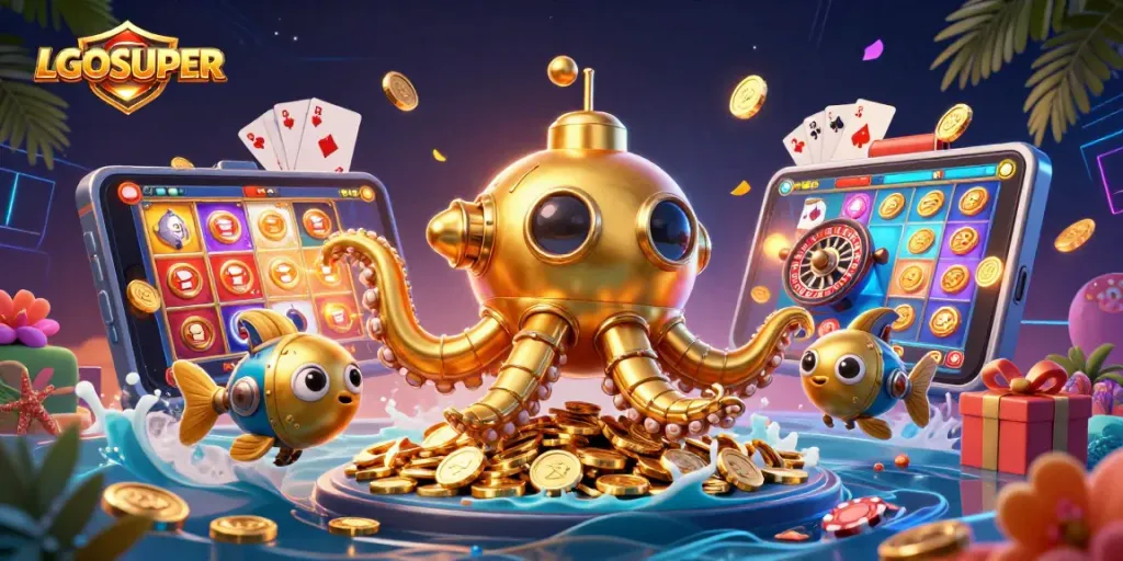Experience LGOSUPER's thrilling slots with a golden kraken submarine amidst explosive game elements.