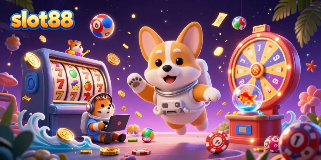 Permainan slot88 yang menarik dengan slot gulungan berputar dan karakter lucu dalam skenario kasino luar angkasa.