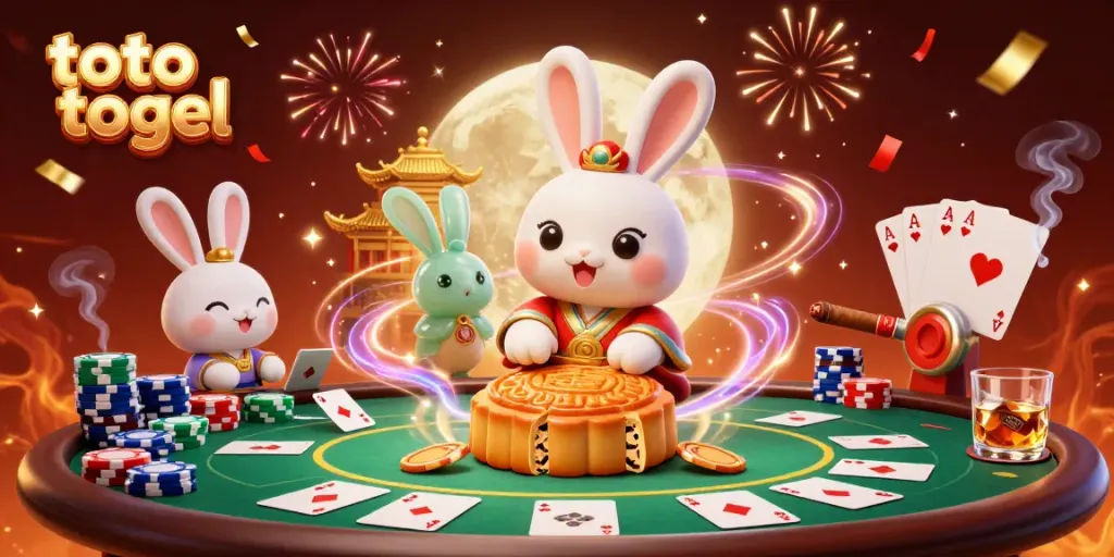 Engage in toto togel as a moon rabbit celebrates with poker chips and casino decor.