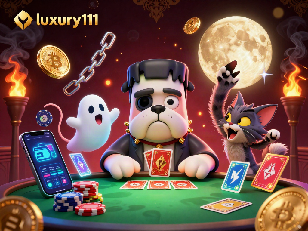 Join luxury111 for thrilling card games featuring a Frankenstein bulldog dealer in a spooky casino.