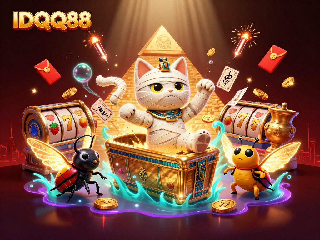 Play slots dynamically with IDQQ88's vibrant casino scene showcasing exciting symbols and characters.