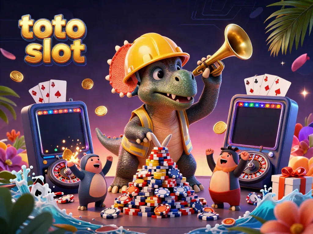 Toto slot themed illustration with a cartoon triceratops celebrating as poker chips stack up, enhanced by vibrant gaming elements.