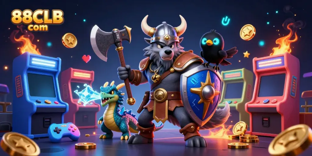 Engage in thrilling gaming at 88CLB com with a dynamic scene of brave characters amidst colorful game elements.