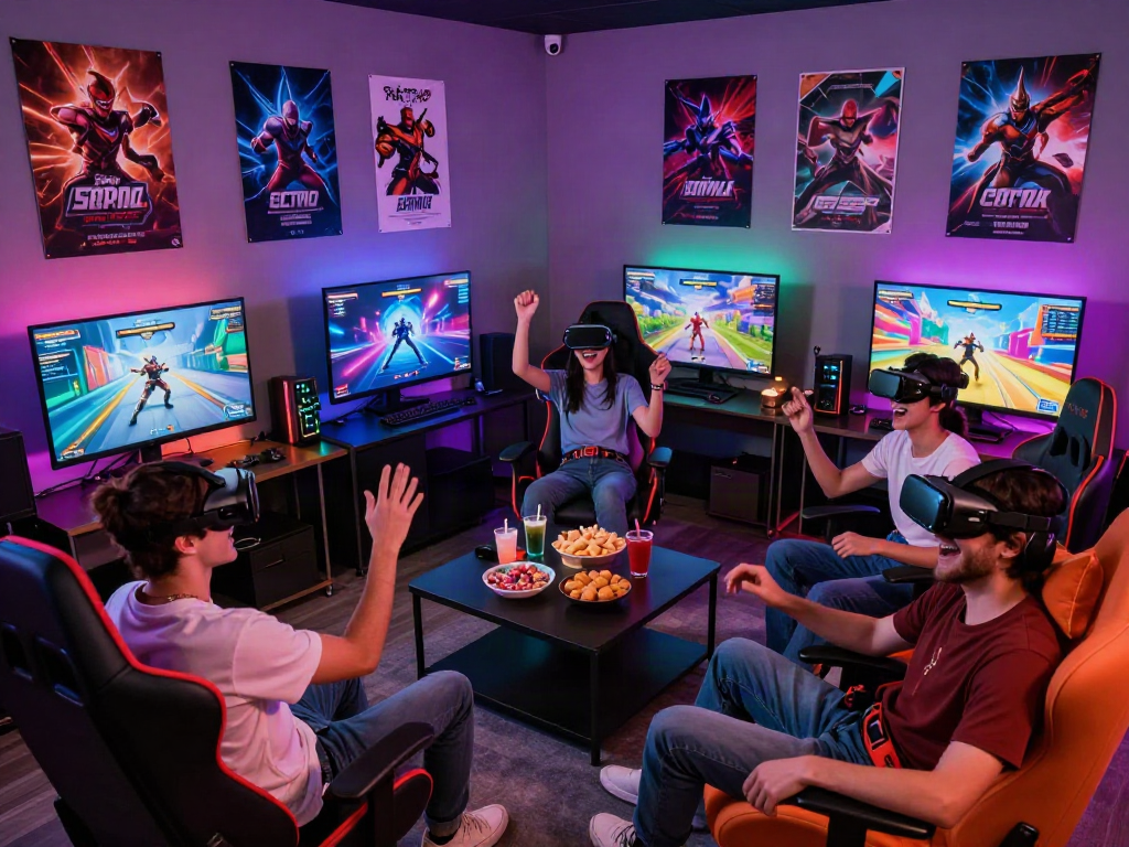 Group of friends enjoying porngames together in a vibrant gaming room.