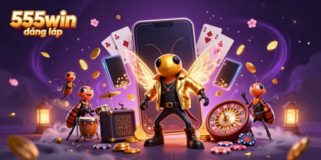 Experience the excitement of 555win đăng nhập with a vibrant scene featuring gaming elements and energetic characters.