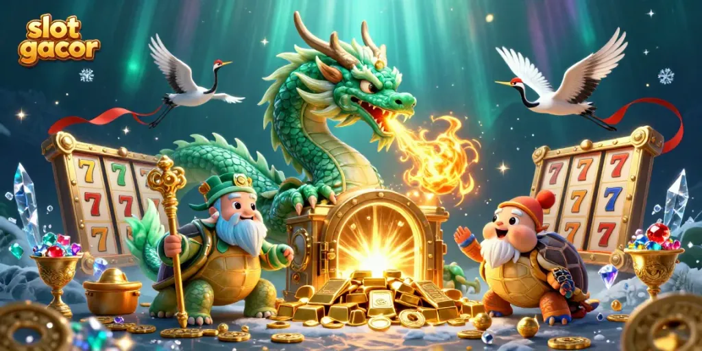Engage with slot gacor as a massive emerald dragon, wise turtle sage, and lucky cranes surround dazzling gold and gems.