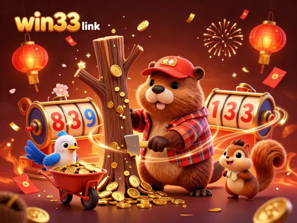 Join the excitement at win33 link, where a whimsical beaver and friends celebrate with coins and festive elements.