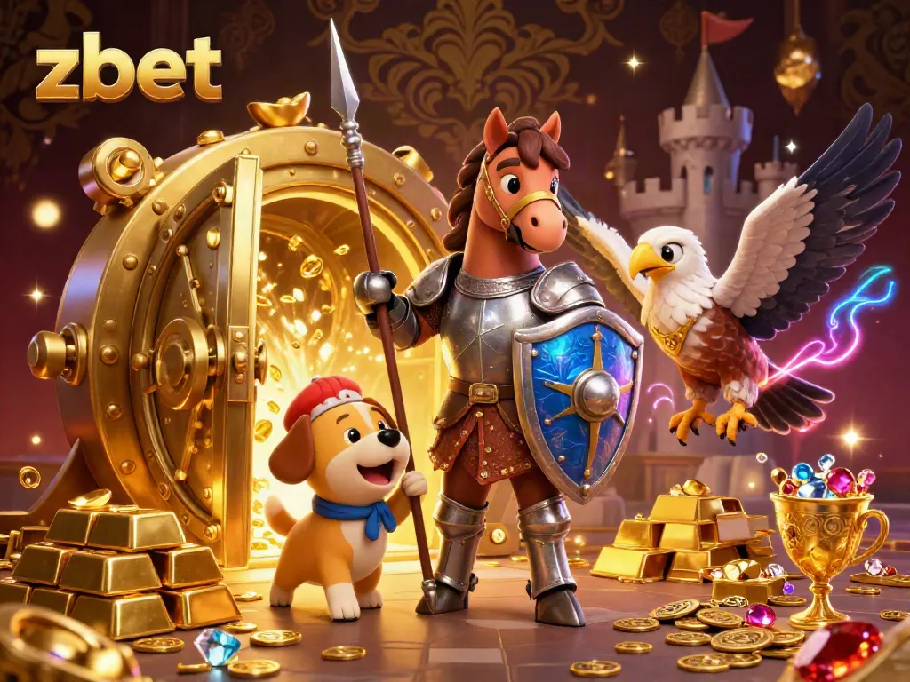 Zbet players winning with an adventurous medieval theme, surrounded by treasures in a vibrant casino world.
