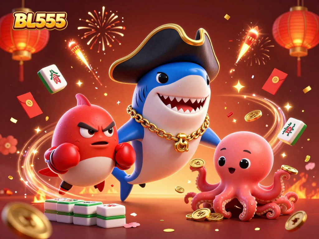 Experience thrilling wins at BL555 with a vibrant scene of a pirate shark, pufferfish, and octopus celebrating surrounded by festive gaming elements.