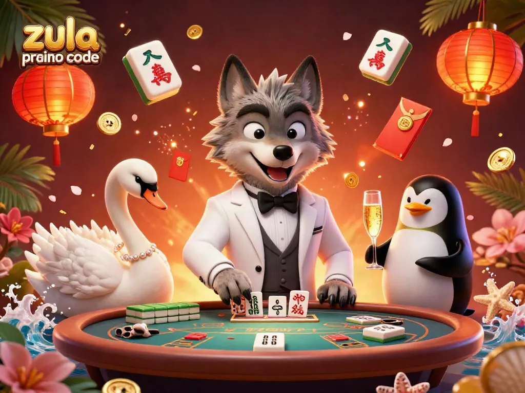 Zula casino promo code shines in this vibrant 3D illustration of a debonair wolf at a baccarat table with a swan and penguin serving champagne.