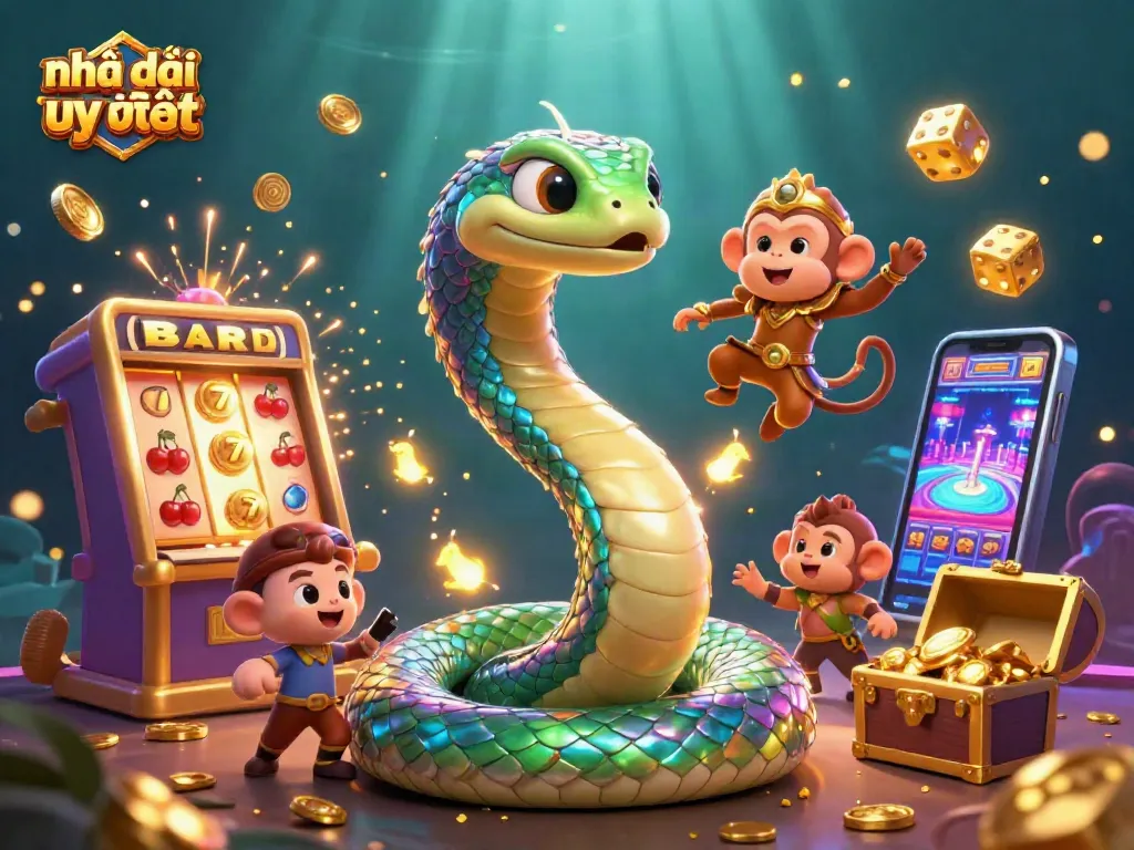 Play thrilling games at Nhà cái uy tín, illustrated with a colorful slot machine and dynamic characters.