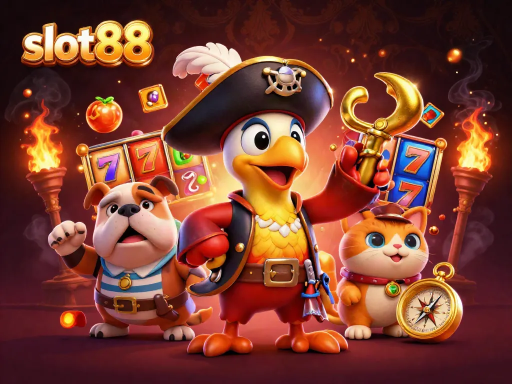 Menangkan jackpot di slot88 dengan karakter bajak laut dan anjing dalam suasana permainan yang meriah.
