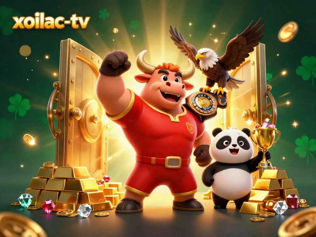Experience the thrill of xoilac-tv with a bull mascot, eagle, and panda celebrating winning action and golden treasures.
