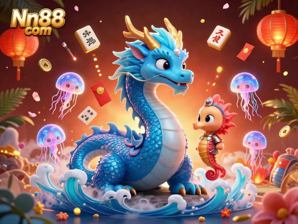 Experience excitement at Nn88 com with a vibrant 3D illustration featuring dynamic ocean characters and illuminating game elements.