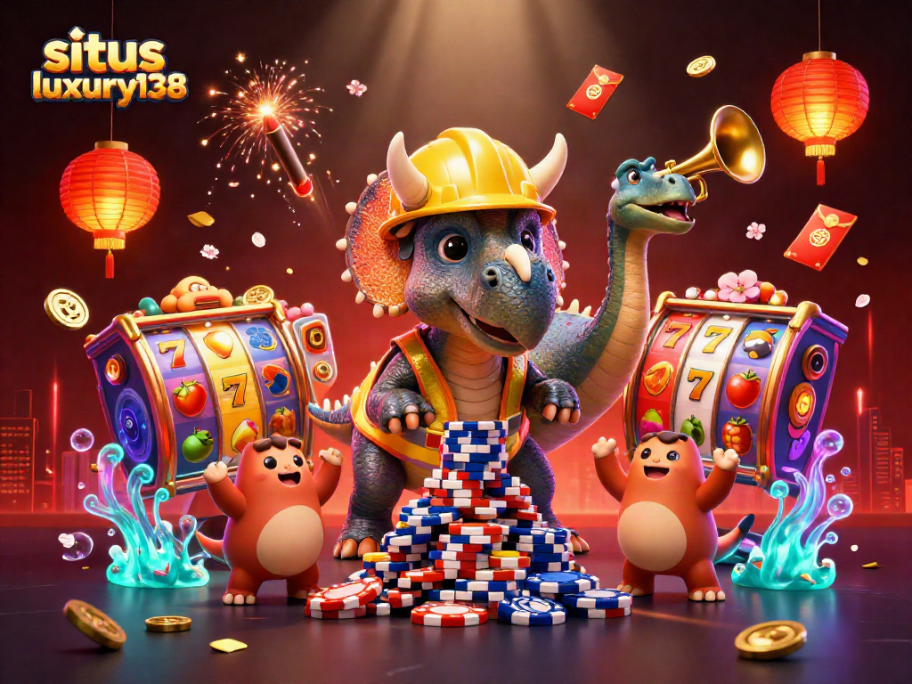 Permainan di situs luxury138 dengan triceratops dan slot, menyusun tumpukan chip poker.