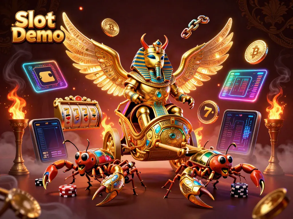 Experience thrilling Slot Demo gameplay with a golden scarab chariot and crypto elements.