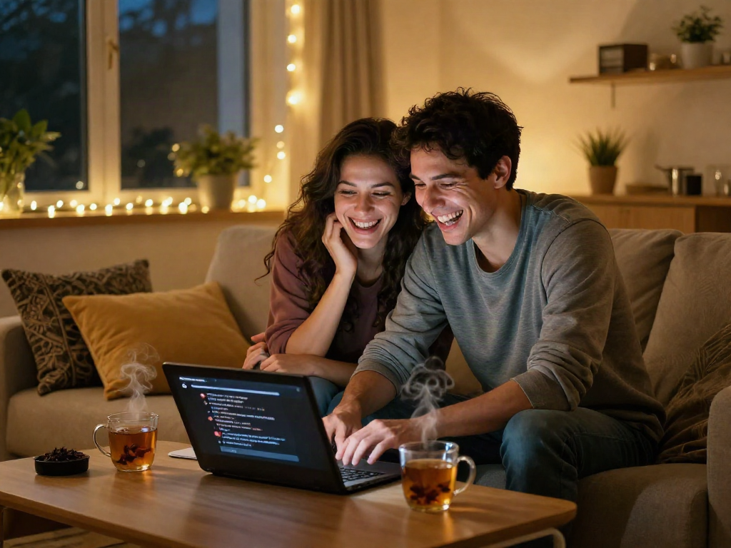 Couple enjoying a lively sex AI chat on laptop in a cozy living room, highlighting the warmth of virtual connection.