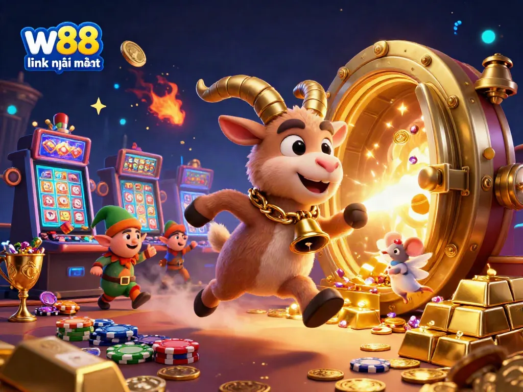 Unleash excitement with the w88 link mới nhất in a vibrant, festive casino scene featuring a Krampus, mouse, and gremlins.