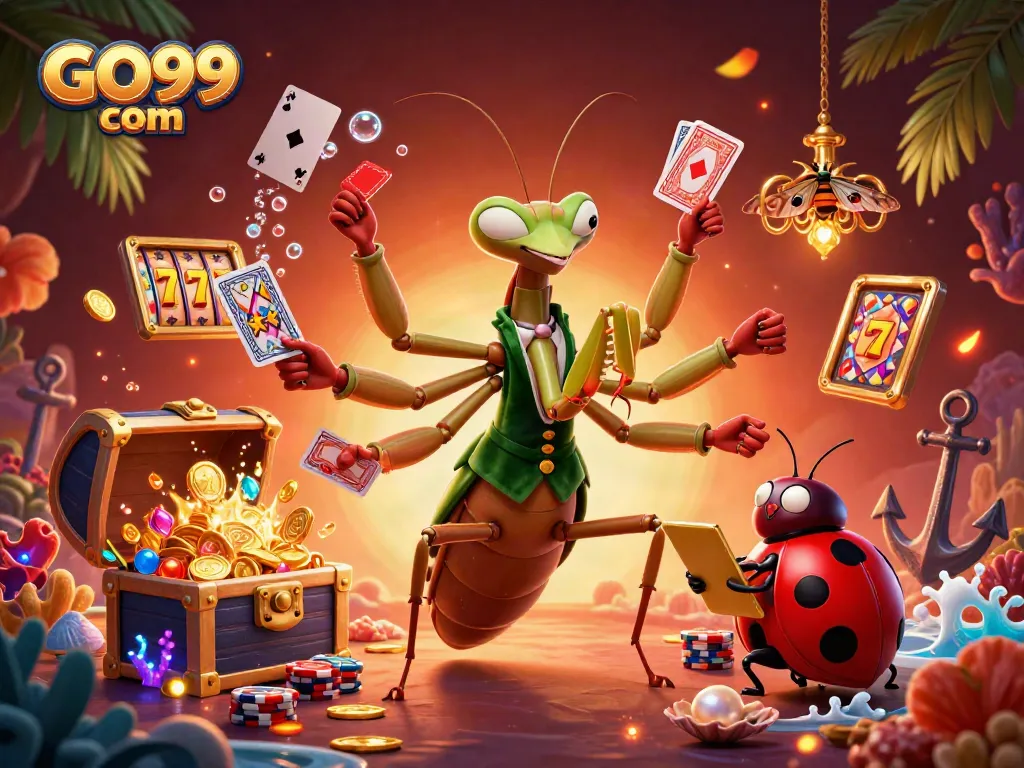 Experience thrilling gaming adventures with GO99 com, showcasing a vibrant casino scene filled with characters and games.