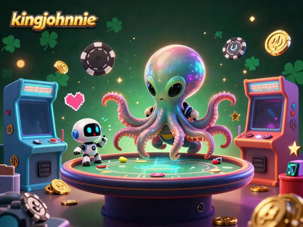 Experience the thrill of poker with kingjohnnie's enchanting alien characters in a vibrant 3D casino setting.