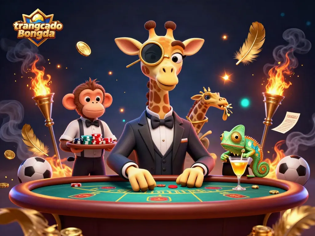 Experience thrill with trangcadobongda as high-roller giraffe plays poker surrounded by casino excitement.