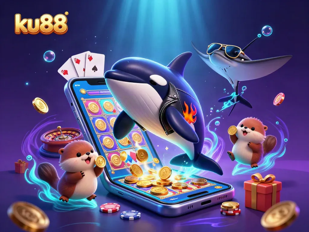 Engage in thrilling gameplay with ku88, as sea creatures celebrate with golden coins in a vibrant casino scene.