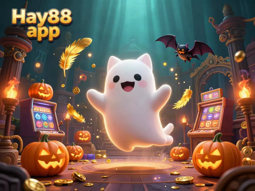 Experience thrilling gaming at the Hay88 app in a vibrant casino scene with a friendly ghost cat.