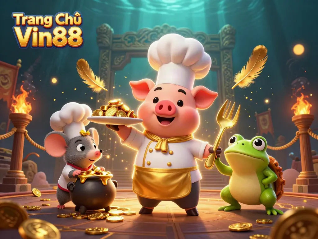 Experience excitement at Trang Chủ Vin88 with vibrant 3D characters and gold coins in an atmospheric casino setting.