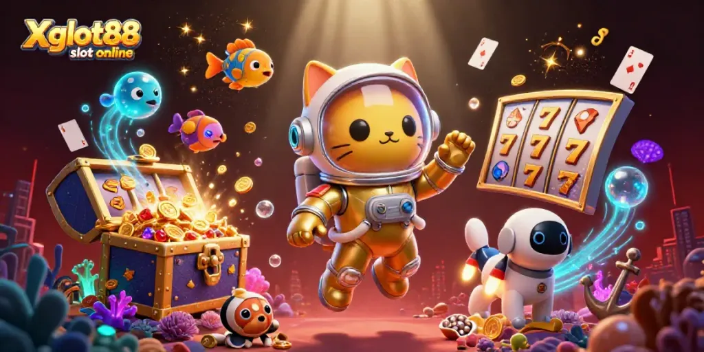 Visualisasi menarik dari Xgslot88 slot online dengan karakter luar angkasa dan elemen slot yang dinamis.