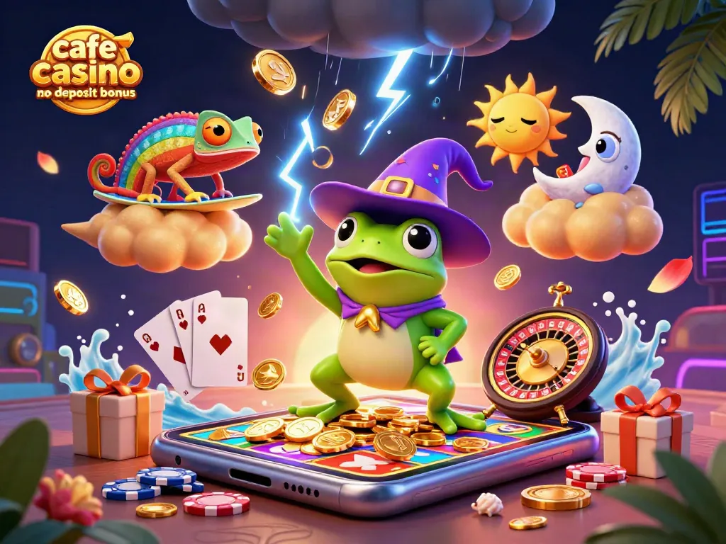 Experience the cafe casino no deposit bonus with a magical scene of coins, characters, and gaming elements.